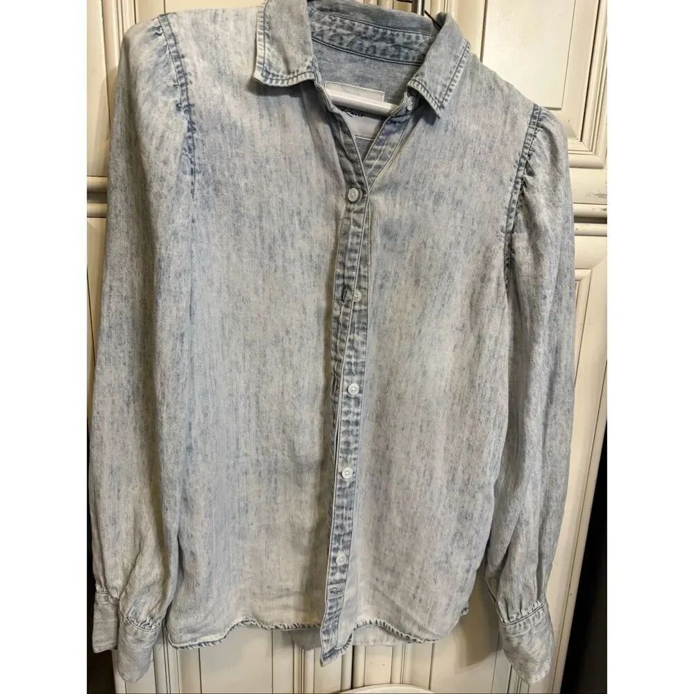 Rails Women's Angelica Acid Wash Long Puff Sleeve Button Up Shirt Blue Size XS